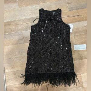 Aidan Mattox Black Sequin Dress with Feather Detail